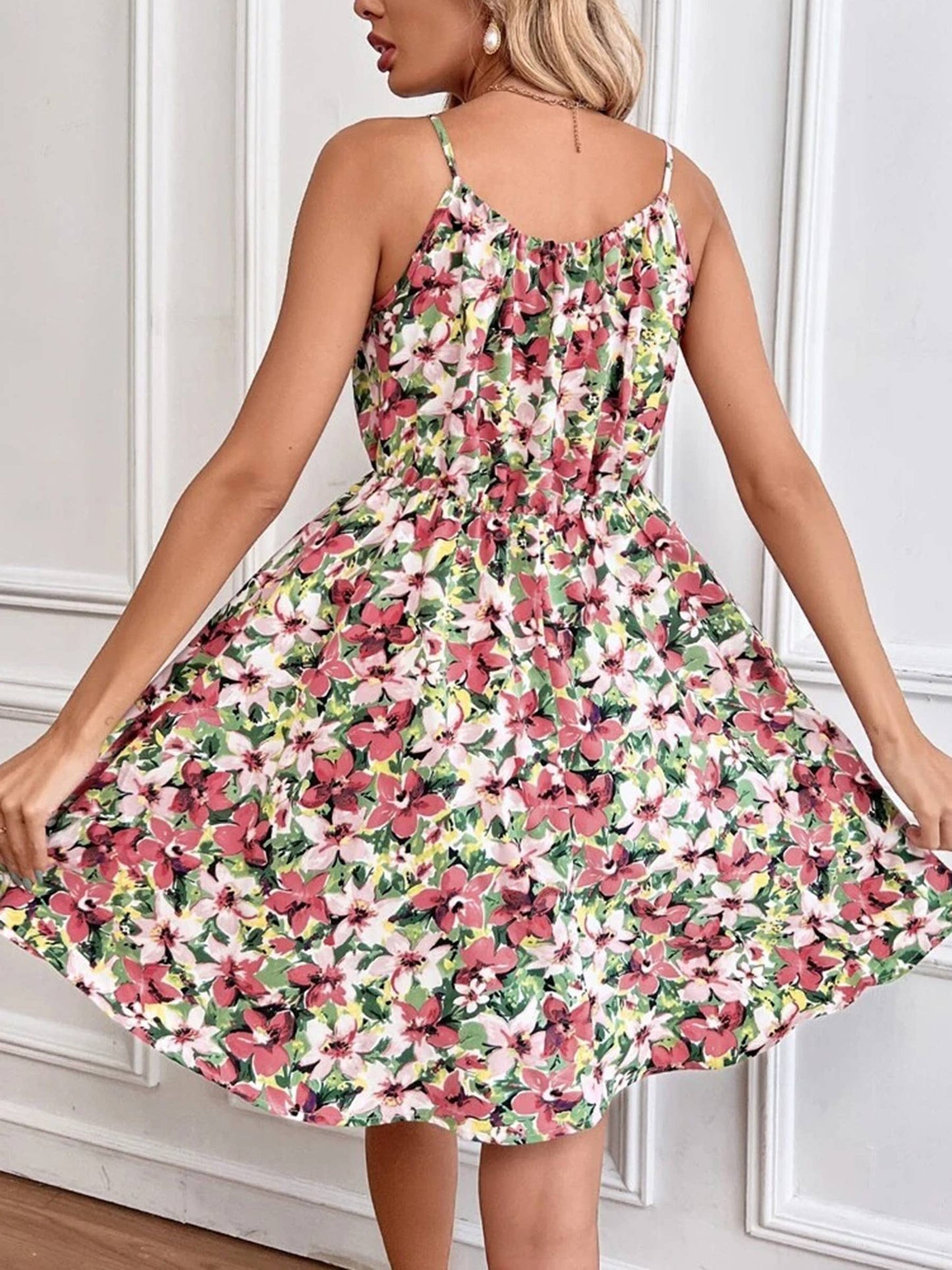 Printed Elastic Waist Strap Short Dress For Women