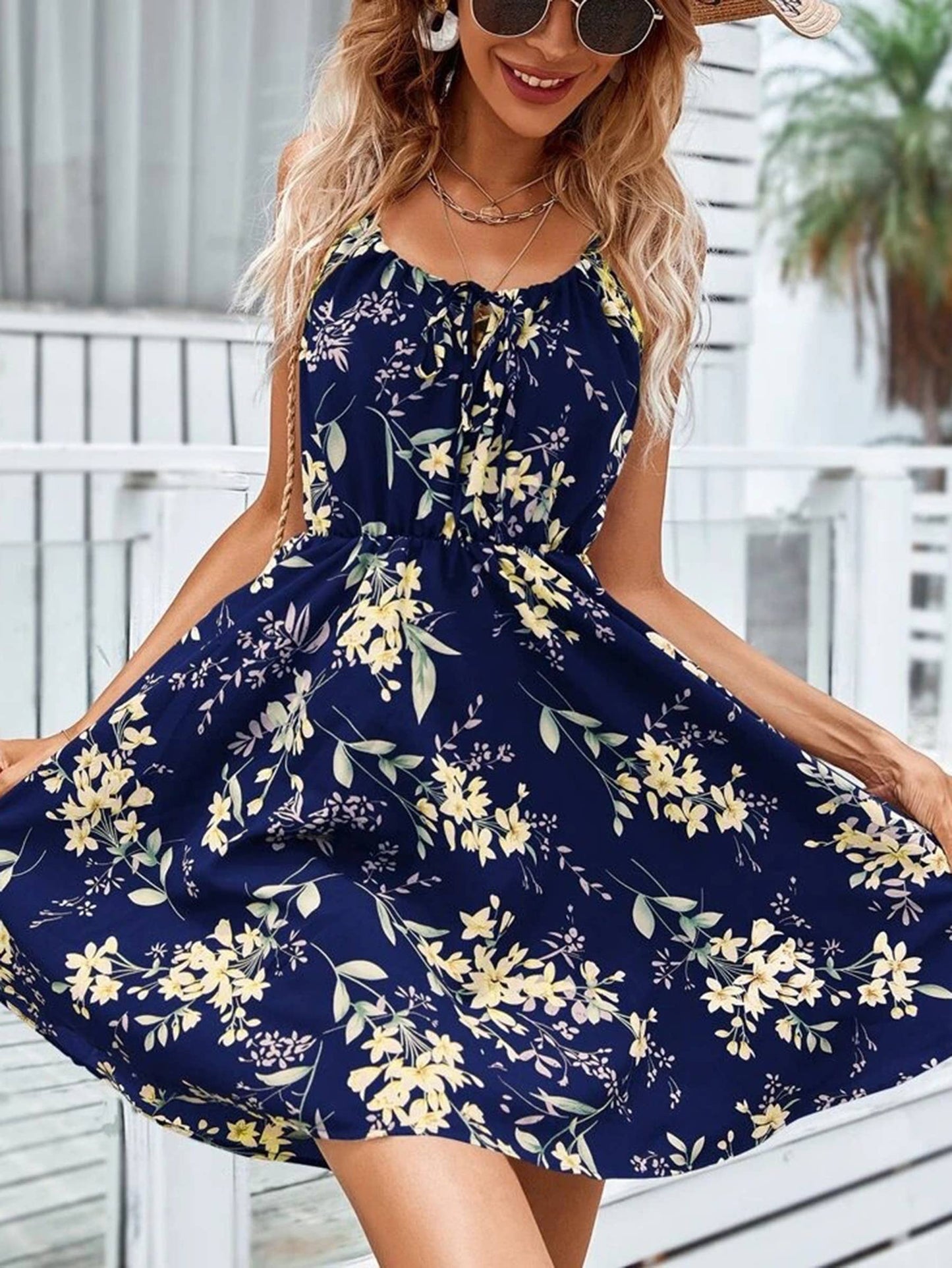 Printed Elastic Waist Strap Short Dress For Women