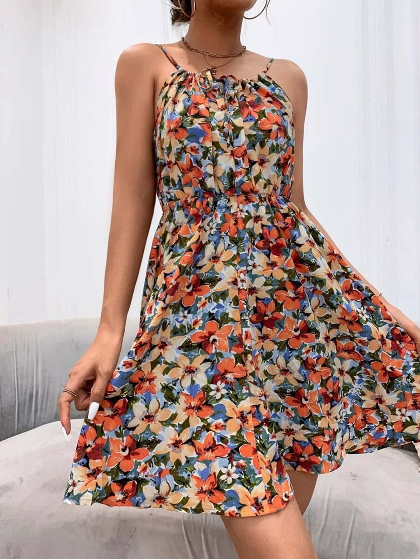 Printed Elastic Waist Strap Short Dress For Women
