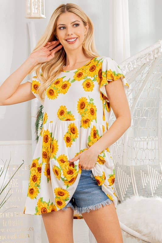 FLORAL TOP WITH RUFFLES AND SUNFLOWERS